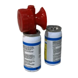 Red air horn on two aerosol cans