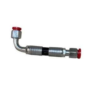 Hydraulic hose with metal fittings and red caps