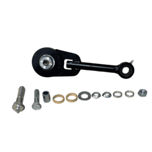 Black metal linkage arm with bolts and washers