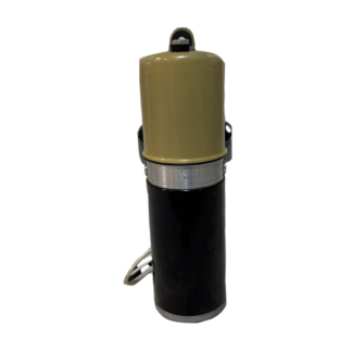 Olive and black handheld flashlight with metal clip