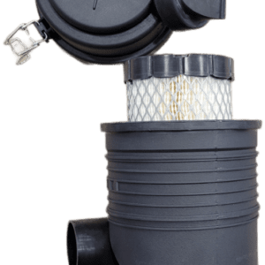 Open black air filter housing with pleated element