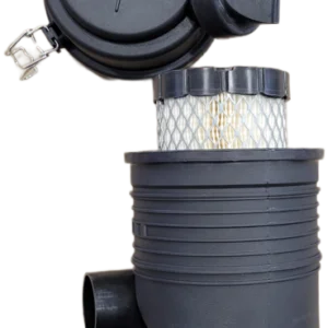 Open black air filter housing with pleated element
