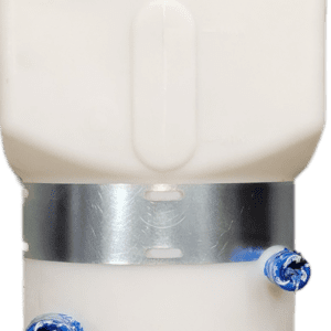 White plastic fluid reservoir with blue fittings