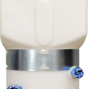 White plastic fluid reservoir with blue fittings