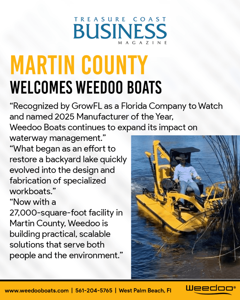 Person operating yellow Weedoo weed-harvesting boat