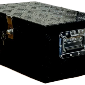 Black metal lockable trunk with diamond plate lid